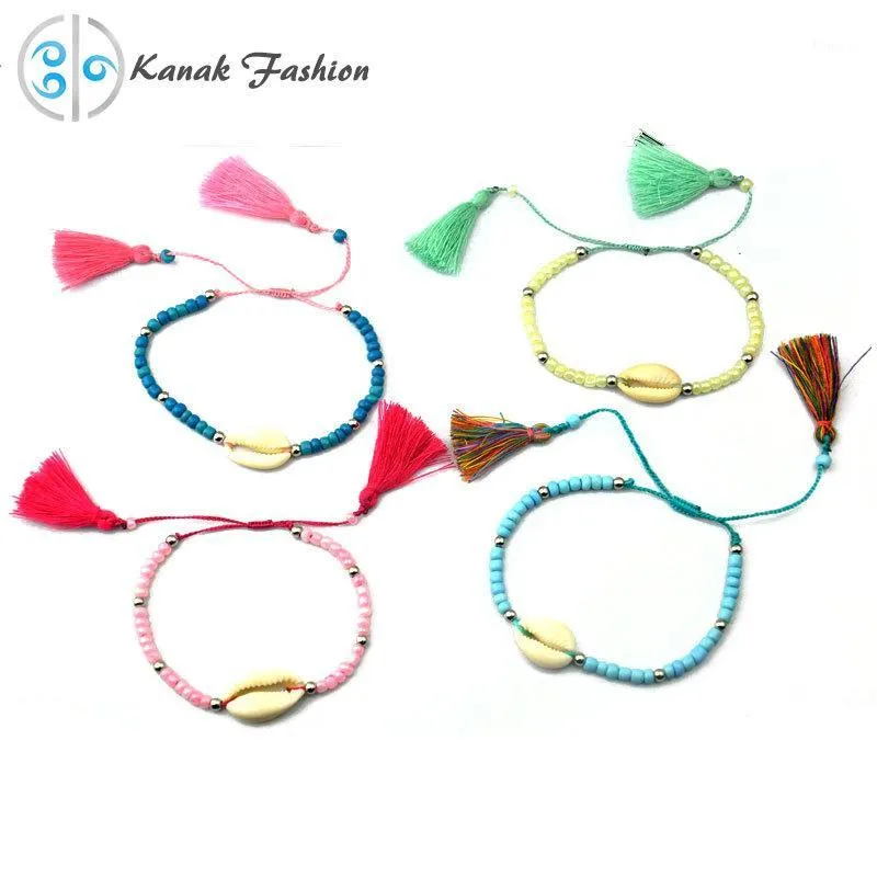 Charm Bracelets Wholesale-KANAK 8 Colors Choices Seed Bead Bracelet Fashion Women Real Beach Shell With Tassel DIY BOHO Jewelry1