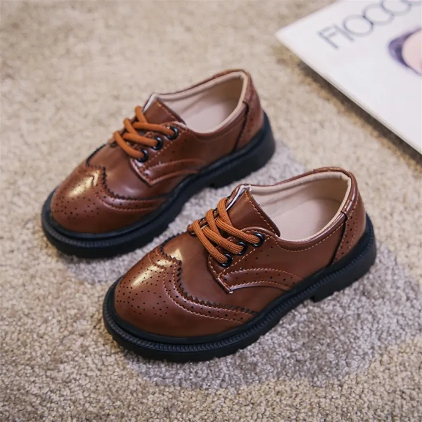 Boys Girls Fashion Leather Shoes Children Style Oxfords Vintage Lace-up Kids Flats for School Party Formal Wedding 220225