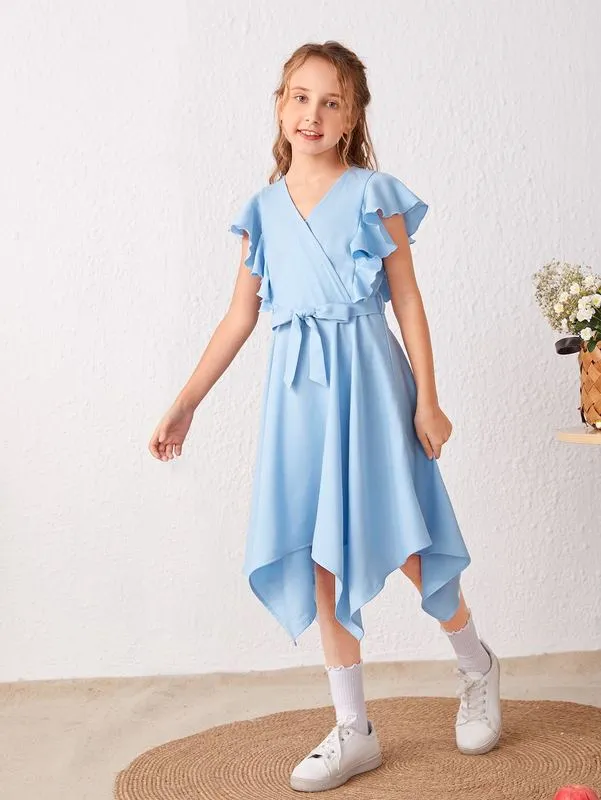 Girls Asymmetric Hem Flounce Sleeve Dress SHE