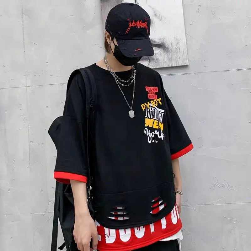 Erkek Tişörtleri 2023 Hip Hop Patchwork Tshirt Street Giyim Erkekler Serin yarım kollu siyah yaz gevşek gömlek moda punk erkek