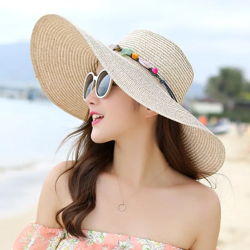 Verão Beach Chapéus Para As Mulheres Moda Brim Grande Chapéus Chapéus Grandes Floppy Sun Chapéu Ao Ar Livre Ladies Elegant Headdress Sólido Sunhat Caps 2021