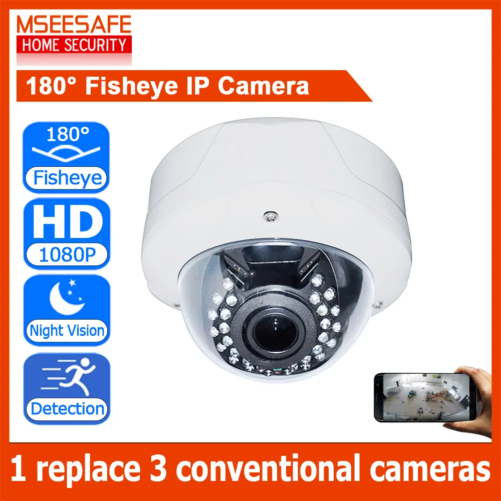 Cameras 180 Degree 1080P IP Fisheye Security Camera Water Proof Weather House Outdoor Dome CCTV With Bracket