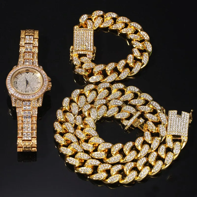 Hip Hop Bling Chain Cuban Link Gold Silver Watch Nalband Armband Set Smycken Mens Iced Out Diamond Miami