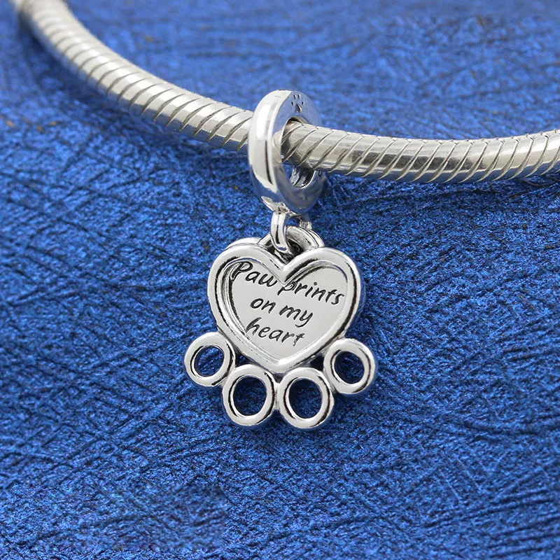 925 Sterling Silver Hearts Paw Print Dangle Charm Bead för European Pandora Style Smycken Charm Armband
