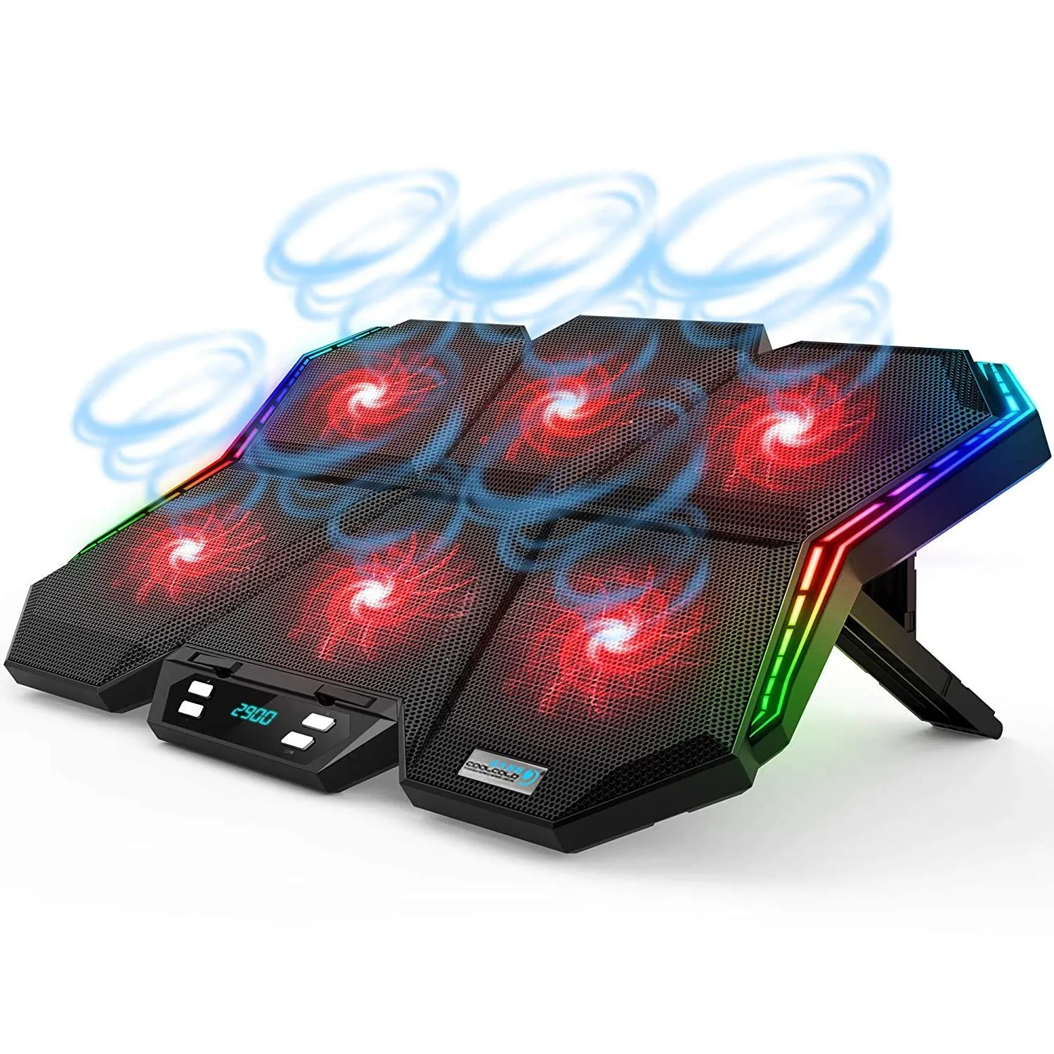 RGB-laptopkoelpad LED-scherm GAMING LAPTOP COOLER MET 12-MODE, 6 HIGH-SNELHEID VERSTALLEN FANS, RODE LED-licht, 7 Heights Stand, 2 USB-poorten, compatibel met maximaal 17 ''