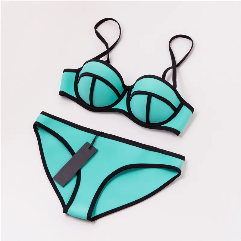 Muxilove 100% Prawdziwe Neoprenowe Klasyczne Design Wyściełane Push Up Bikini Zestaw Kobiety Sexy Swimsuit Swimsuit Swimwear Kostium kąpielowy Biquini Swim Siatek T200708