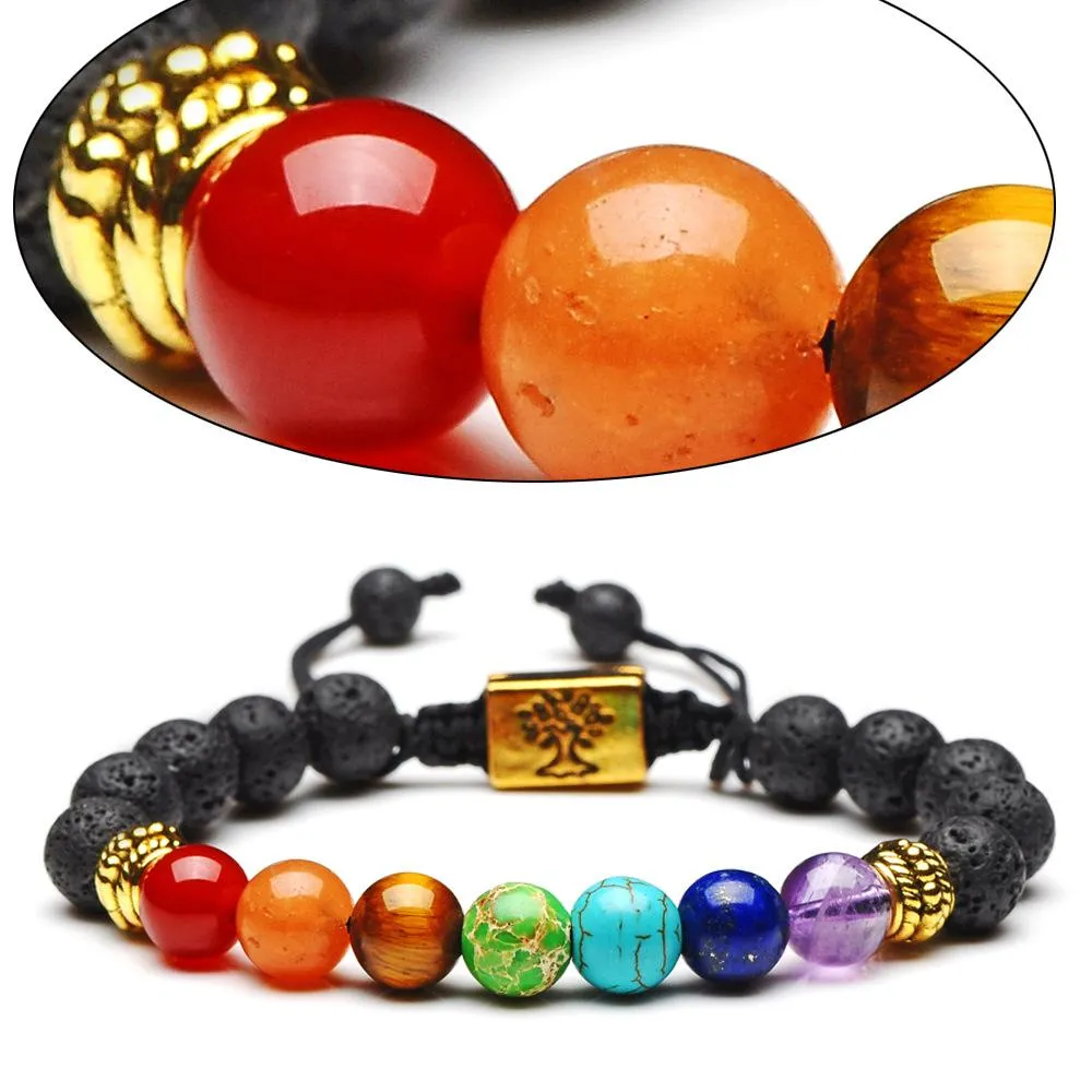 2022 new Strands Handmade 7 Chakra Tree Of Life Charm Beaded Bracelets Lava Stones Beads Rope Black volcanic stone Bracelet Women Men