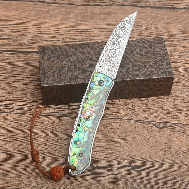 7.5 "Damascus Pocket Folding Mes VG10-Damascus Steel Blade Abalone Shell Handvat EDC Gift Messen met nylon tas