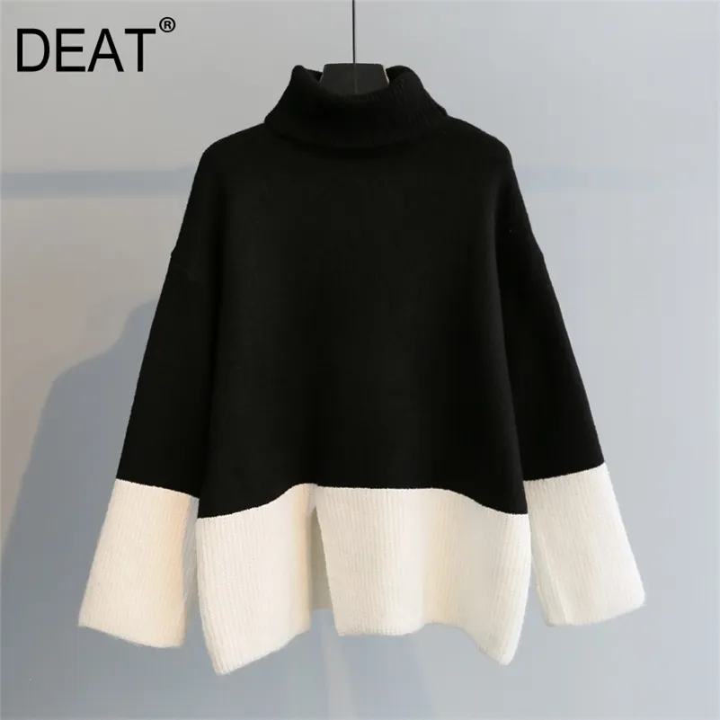 [DEAT] Female Pullover Sweater Full Sleeve Turtleneck Split Hit Color Over Size Autumn Fashion Wild Women's Clothing AM292 201130