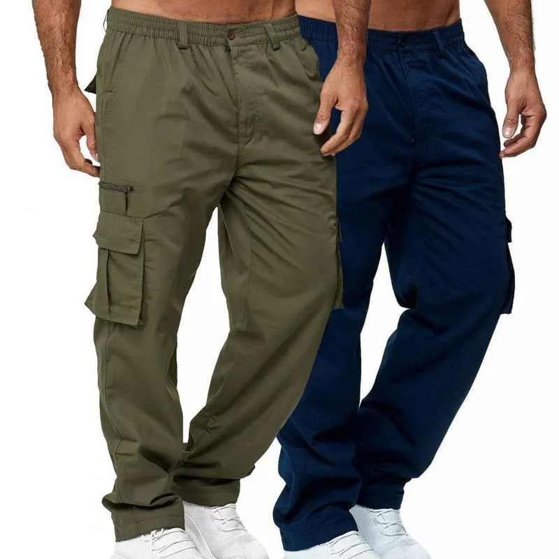 Calças masculinas cor sólida multi bolsos em linha reta cintura mid calças de carga tornozelo-amarrado calças resistentes ao desgaste para outono inverno 6xl