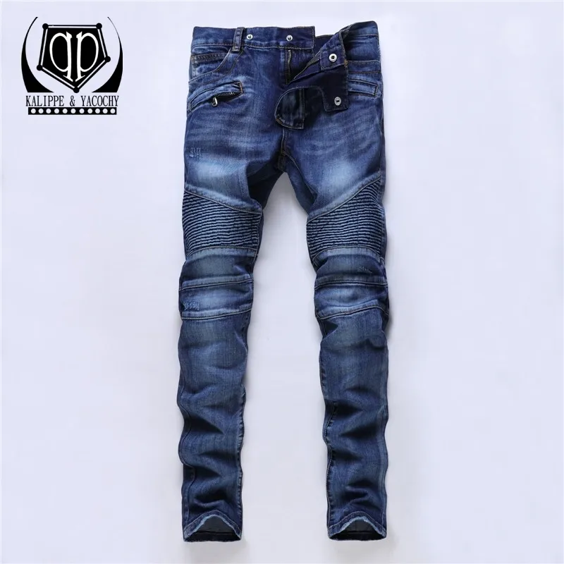 KALIPPE YACOCHY Hommes Classique Genou Drapé Panneau Moto Biker Hommes Maigre Mince Mâle Hip Hop Denim Jeans Homme 201120