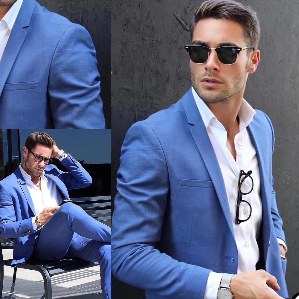 Britse stijl Blue Wedding Tuxedos Plus Size Notched Reversh Mens Designer Jacket Formal Party Prom Suits Wear (Jack + Pants)