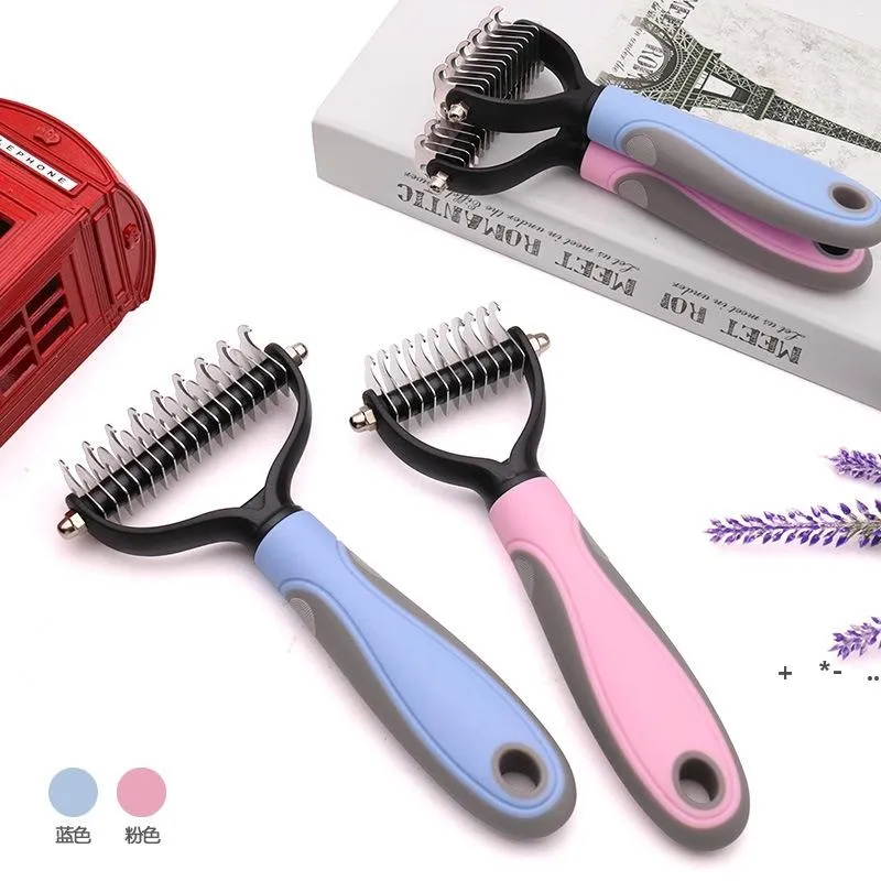 Husdjur Fur Knot Cutter Dog Grooming Shedding Verktyg Pet Cat Hair Removal Comb Brush Double Sided Pet Products Combs för Cats RRA11744