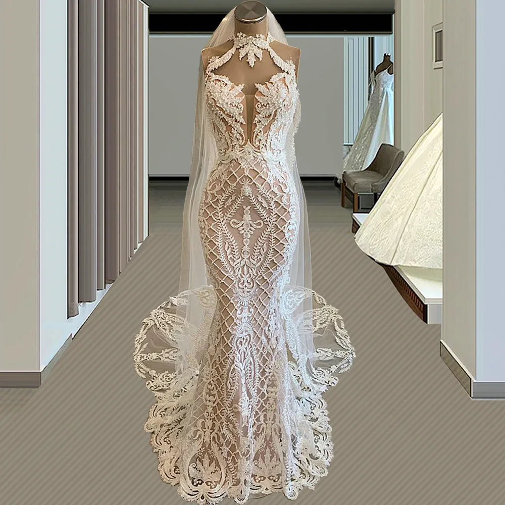 Mermaid High Neck Lace Wedding Jurken Illusion Backless Bridal Jurets Abiti Da Sposa Vestidos de Novia 2022