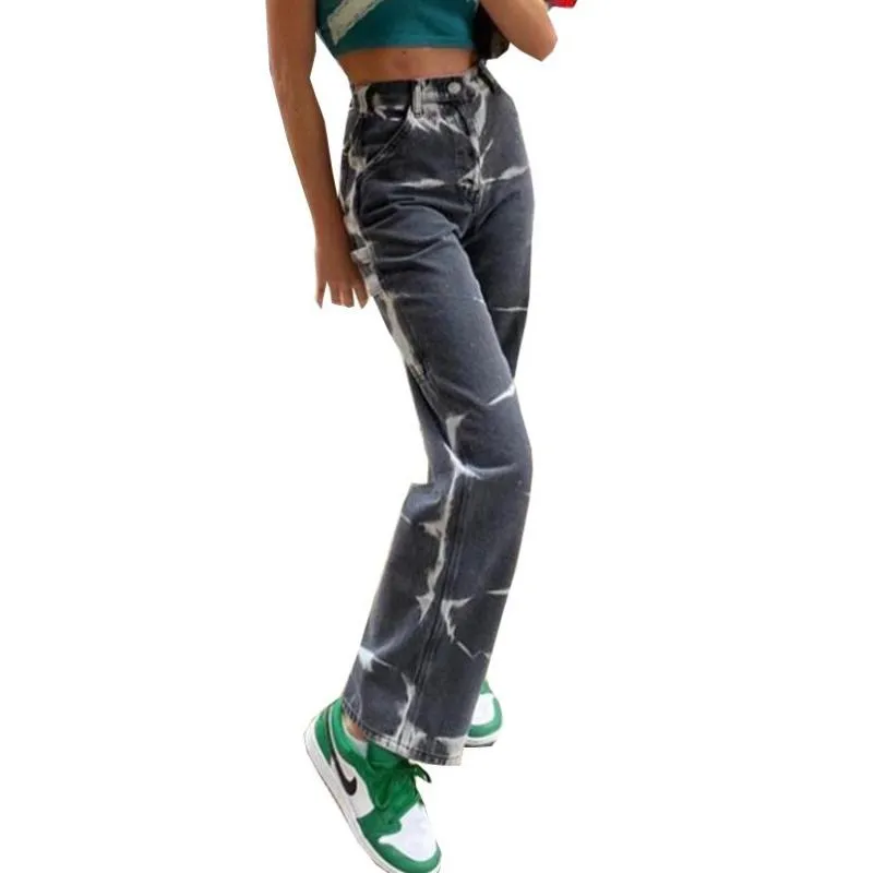 Kadınlar Boya Baskı Bol Kot Joggers 2021 Sokak Giyim Vintage Düz Denim Pantolon Yüksek Bel Anne Gündelik Denim Pantolon P2110