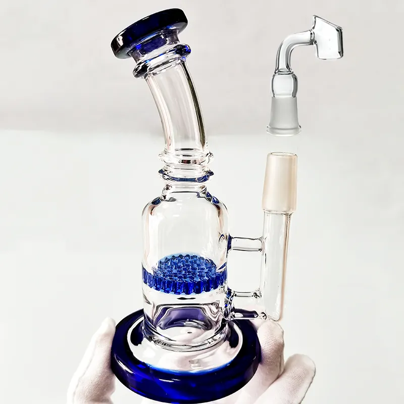 5.9 inç Mavi Sigara Boru Tarak Perc Cam Bongs Yağı DAB Rigs Renkli Nargile Kalın Bükülmüş Boyun Petek Percolator Su Boruları Sigara içenler için 14mm Temizle Cam Kase ile