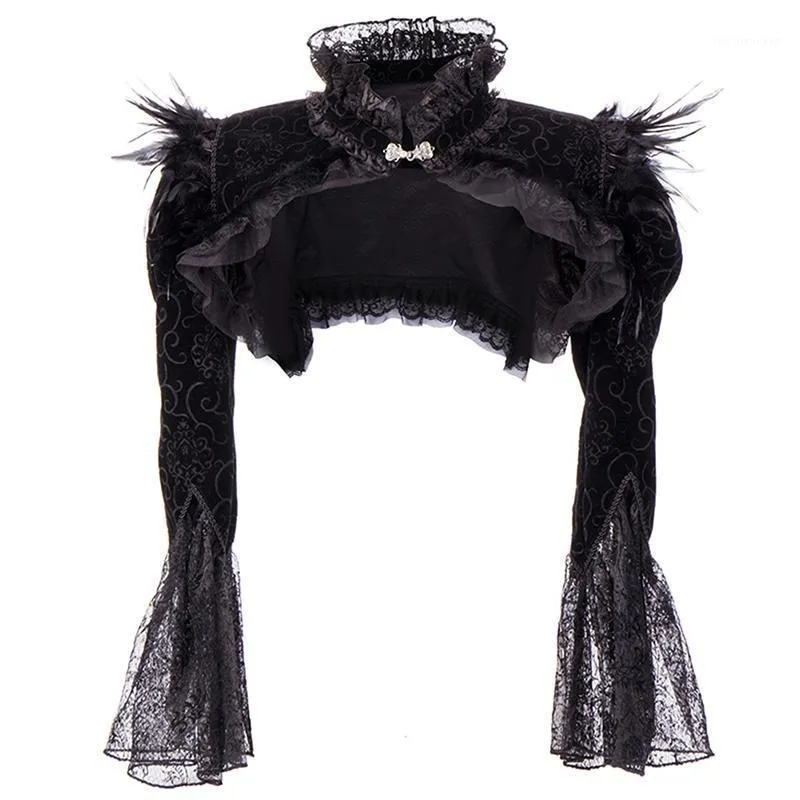 Giacche da donna Piume di flanella nera vittoriana Giacca di pizzo Manica lunga Ruffles Colletto alla coreana Bolero gotico Accessori abbigliamento Steampunk C