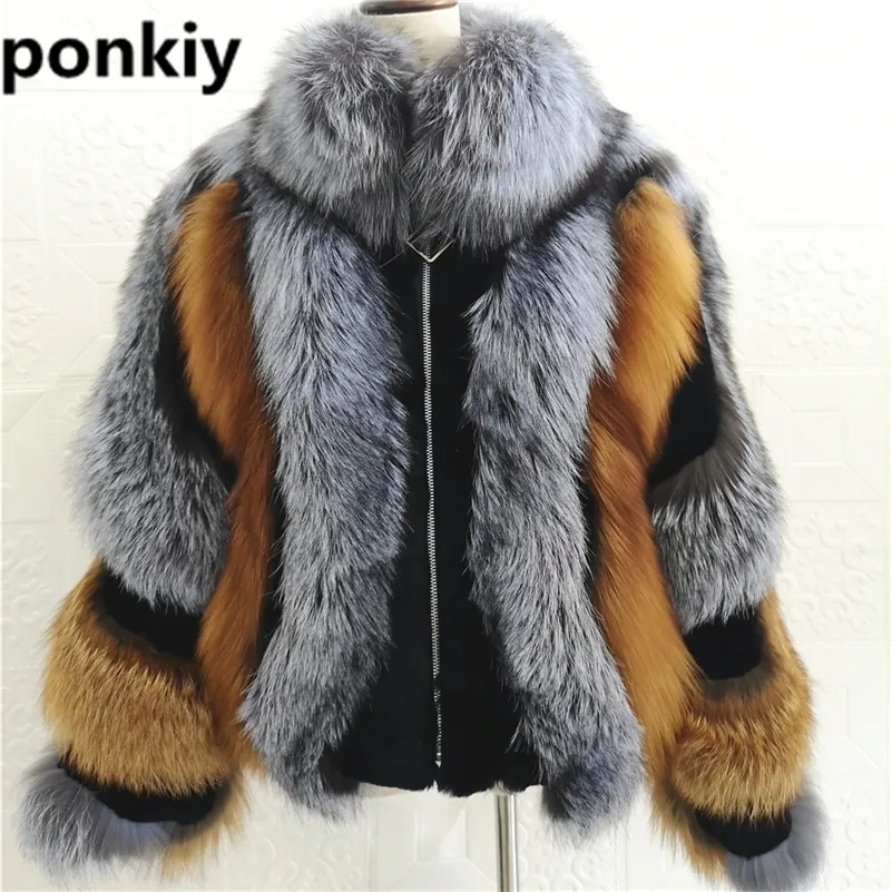 Real Fur Curto Jaqueta Fox Casacos Genuíno Prata Raposa Raposa Casaco Completo das Mangas Mulheres Plus Size Inverno Pelúcia Vermelho Casaco de Pele Feminino 201212