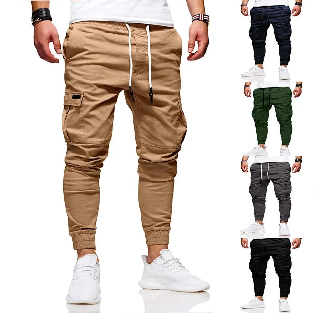 Homens casuais corredores calças sólidas finas de cargas fino macho macho calças multi-bolso novo mens sportswear hip hop harem lápis calças 201110