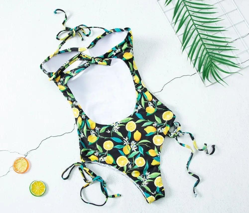 ETSWIM Hot Push up one piece swimsuit Bodysuit women Sexy Lemon print bikini 2020 High cut swimwear monokini Padded bathing suit~11