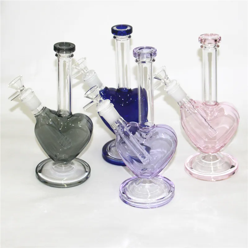 Narghilè a forma di cuore da 9 pollici rosa verde blu colore viola vetro bong dab piattaforme petrolifere tubi dell'acqua in vetro gorgogliatore con pezzo ciotola scorrevole 14mm