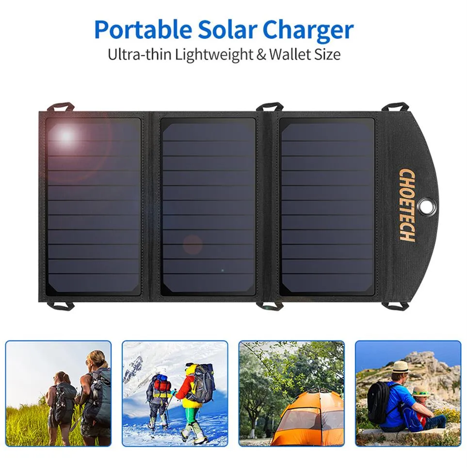 مخزون الولايات المتحدة Choetech 19W شاحن الهاتف الشمسي المزدوج منفذ USB التخييم لوحة الشمسية المحمولة شحن متوافق مع SmartPhoneA41