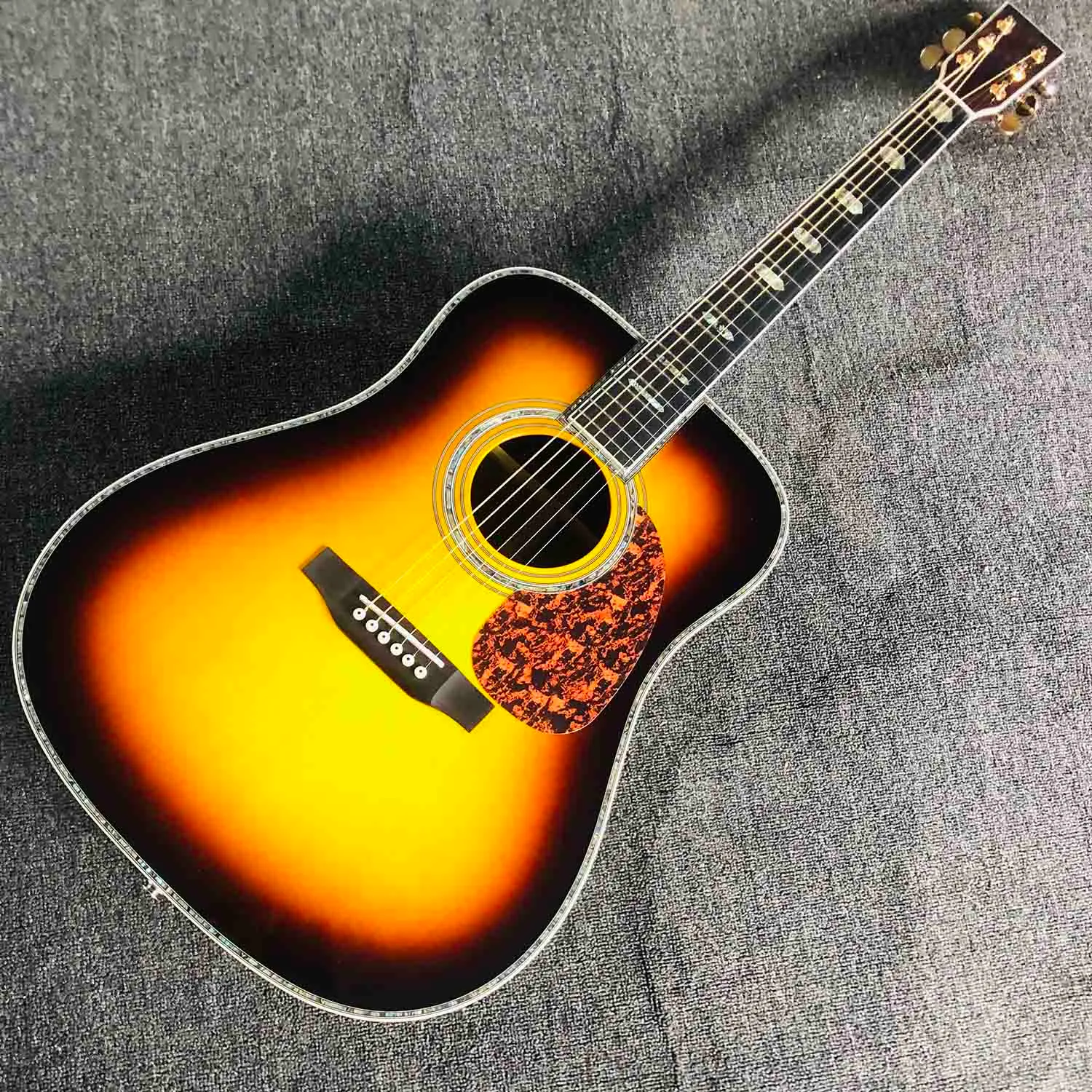 Custom All Solid Wood Abalone Binding Acoustic Guitar ONE PIECE Neck Through Body Solid Rosewood Back Side in Sunburst