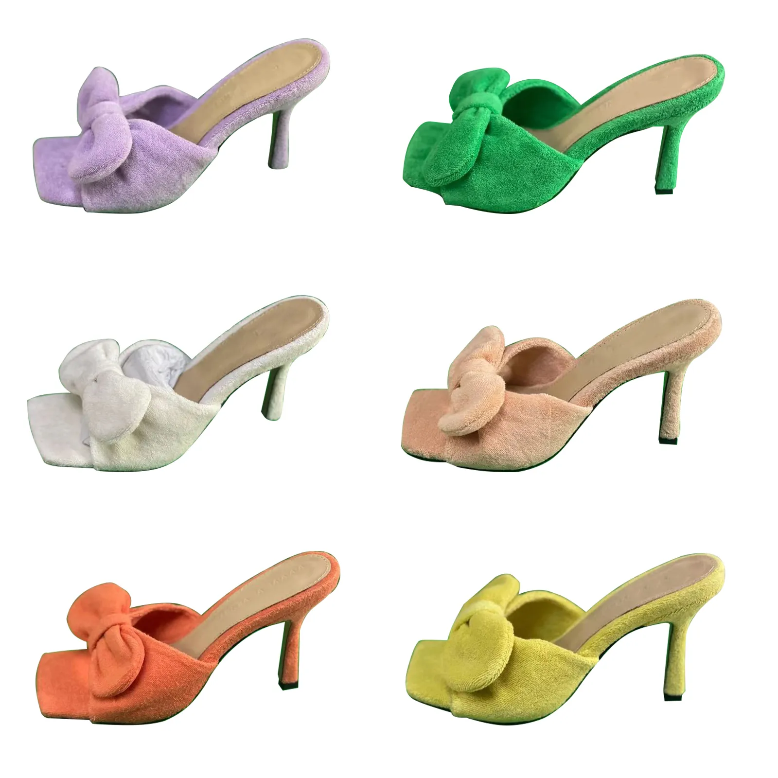 2022 Handduk Mules Kvinnor Bowtie Sandaler Mule Square Toe Stretch Slipper Rubbe Outrole High Heel Shoes Fashion Ladies Sexy Thin Pumps Sandal med Box No399