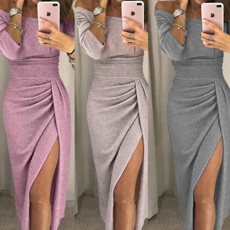 Casual Dresses Elegant Evening Formal 2021 Women's Hip-covered Slit One-line Collar Dress Sparkling Dinner Designer Wwomens