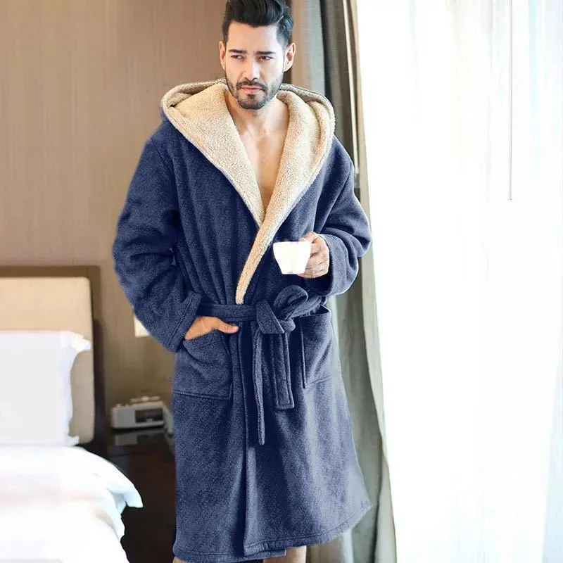 chinese dress ladies Men's Classic Hooded Sweatshirt Robe, Winter Bathrobe, Midnight Blue / M