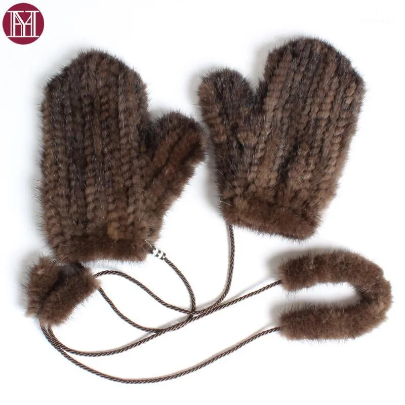 Cinq doigts gants russie dame hiver tricoté vraies femmes chaud véritable mode doux 100% fourrure naturelle1