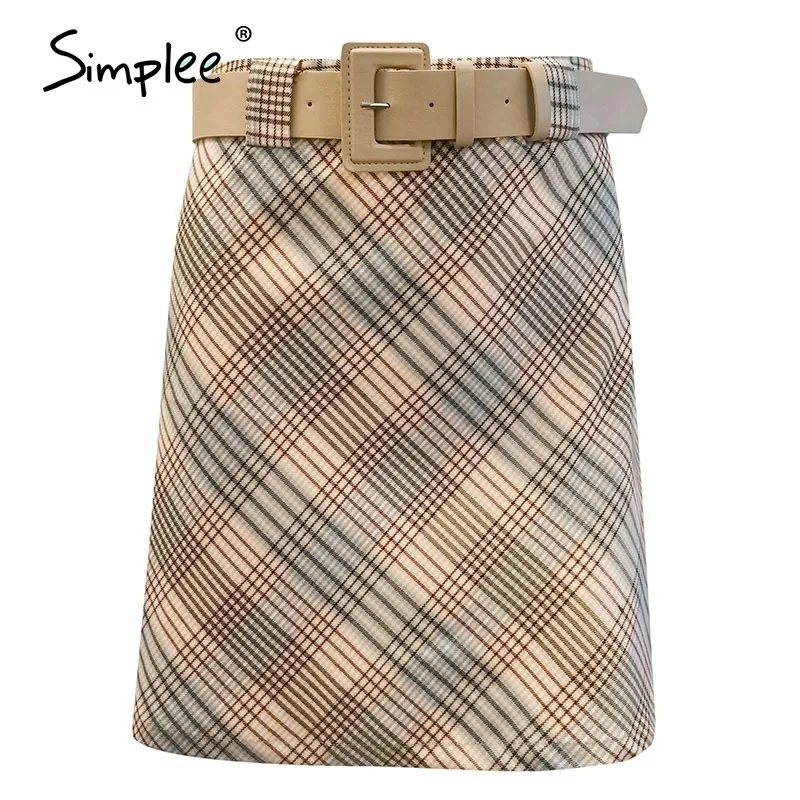 Simplee Chic contraste couleur plaid taille haute femmes jupe A-ligne ceinture jupe courte dames Casual automne hiver mini jupe nouveau 201027