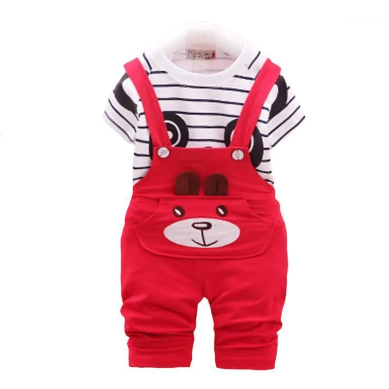Clothing Sets Baby Boys Cute Panda Sport Set Casual Korean Stripe Short-sleeved T-shirt Solid Color Suspender Pants 2pcs Suit 1-5T1