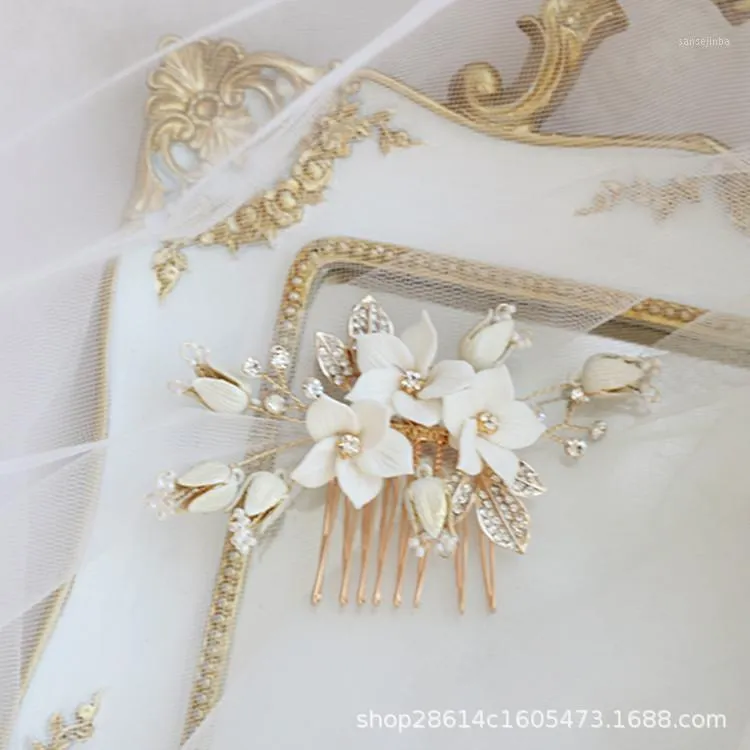 ヘアクリップのバレットシンプルな人工的な真珠の櫛の手織りの葉の花の頭飾り花嫁の結婚式ティアラジュエリーヘアピン女性