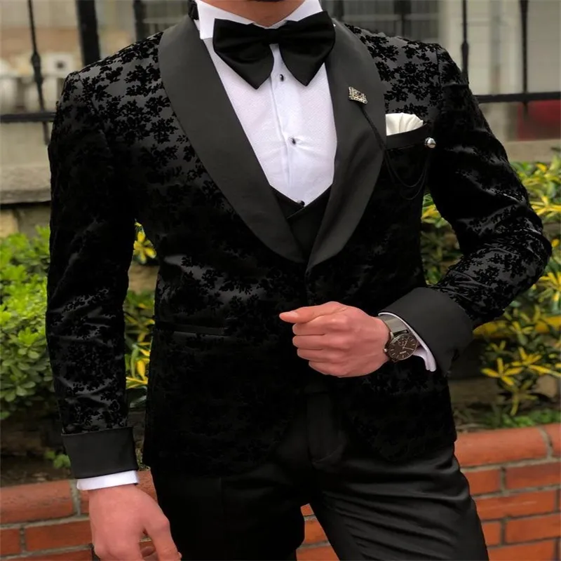 Black Printed Men Suits 3 Pieces Appliqued Custom Made Wedding Suits Lapel High Quality Fashion Formal Business Coat+Pant+Vest