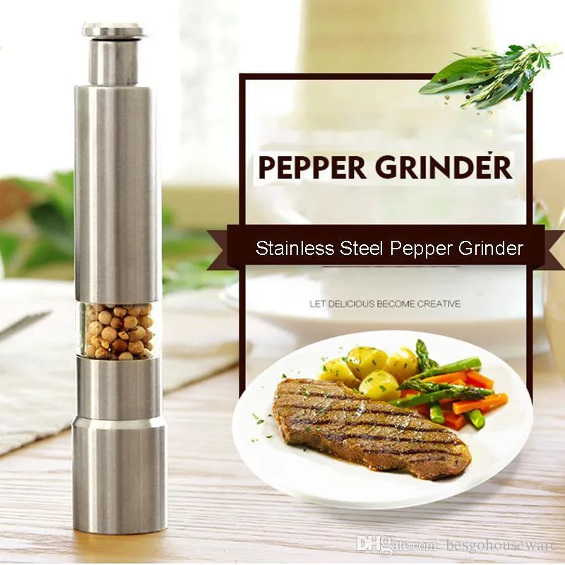 Stainless Steel Pepper Grinder Thumb Push Salt Pepper Grinder Portable Manual Pepper Mill Machine Spice Sauce Grinder Kitchen Tool BH1985 ZX