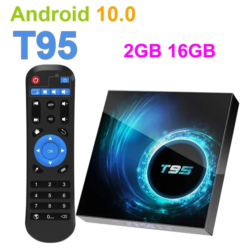 T95 스마트 안드로이드 10.0 TV 박스 2GB 16GB 2.4G WiFi 6K 미디어 플레이어 셋톱 박스