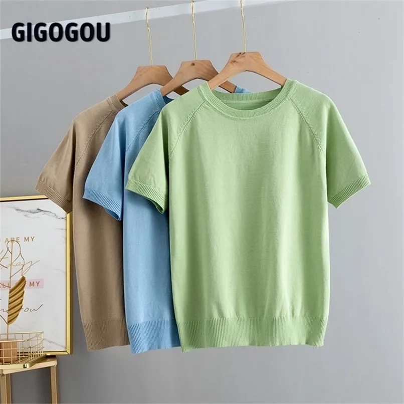 GIGOGOU Solidna koszulka damska z krótkim rękawem Koreański styl Slim Basic Cotton Tshirt Top Odzież damska Wiosna Lato T Shirt Femme 220307