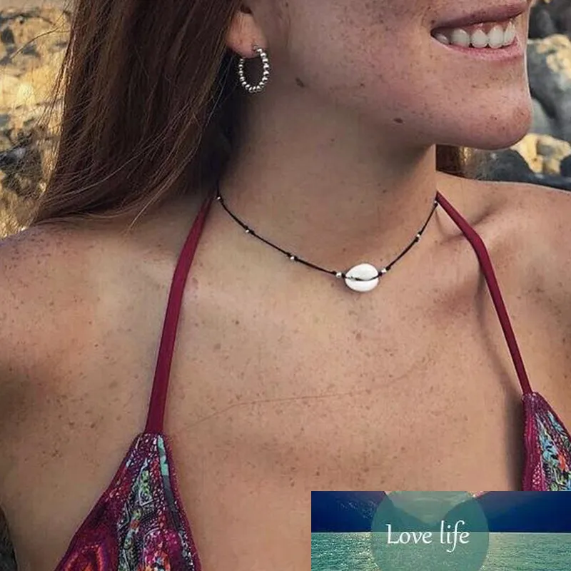 Wholesale boêmio mulheres jóias simples corda preto cadeia de prata cor contas shell clavícula gargantilha colar de praia acessórios