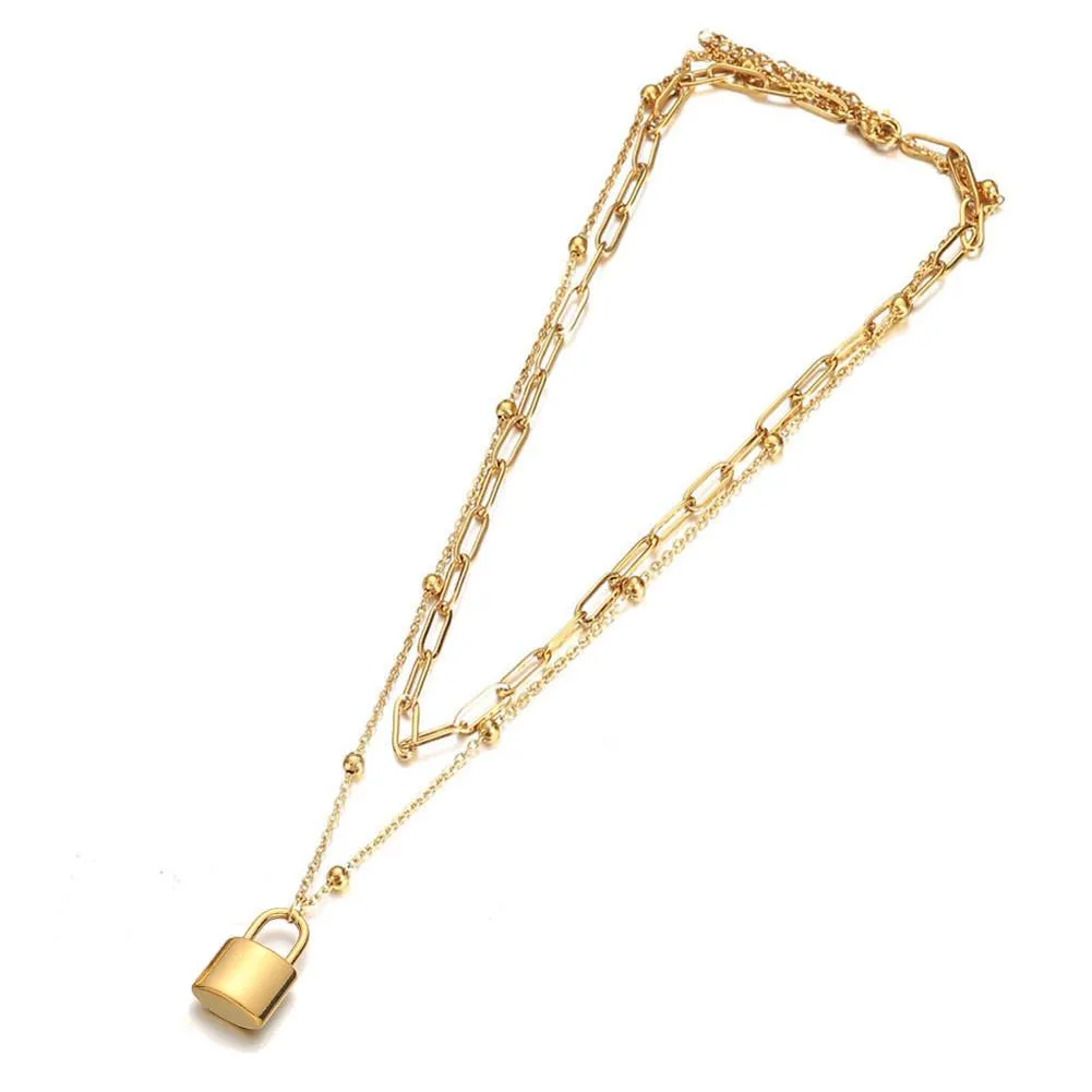 Nya mode dubbla lager guld silver färg rostfritt stål fyrkantig länk kedja halsband hänglås hänge halsband för män kvinnor smycken