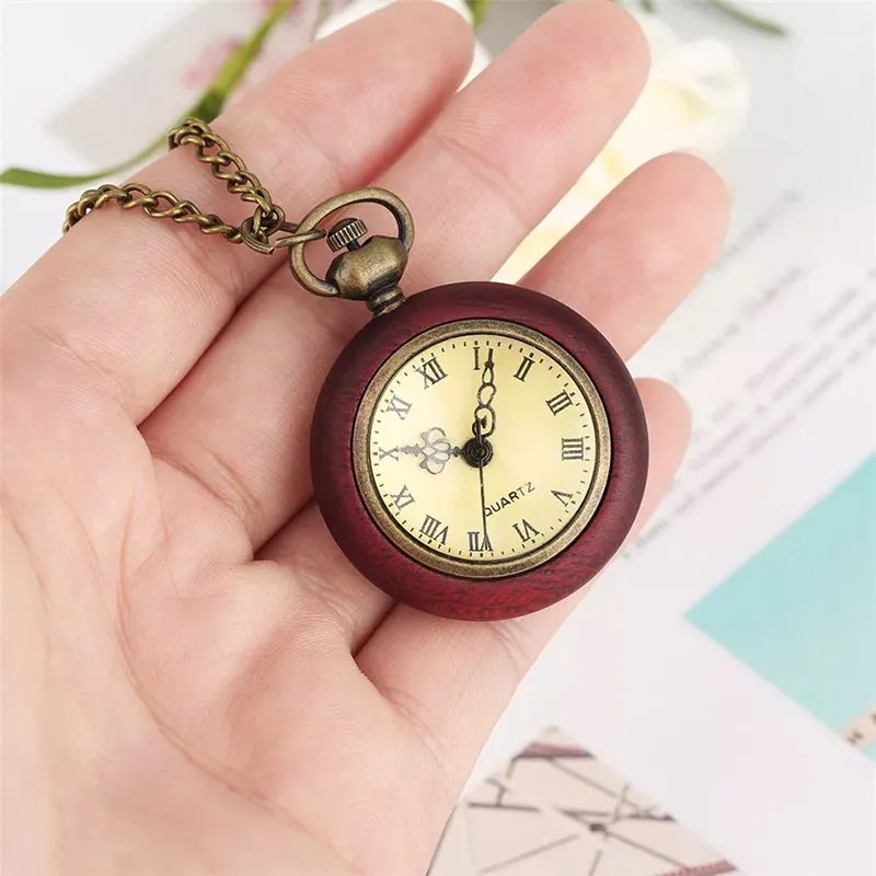 Old Wood Pocket Watch Necklace for Men Women Quartz Movement Fob Chain Pendant Clock Reloj Male Female Necklaces Watches Red Wooden Pendants