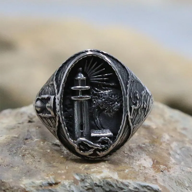 Cluster Rings Vintage Gothic Viking Lighthouse Ring 316L Stainless Steel Mens Nautical Signet Male Punk Biker Jewelry Gift Size 7-192F