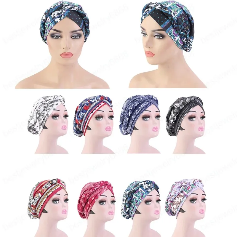 Nouveau bohème Vintage femmes tresse Turban casquettes fleur imprimé coton foulard Bonnet chapeau africain prêt à porter Hijab musulman