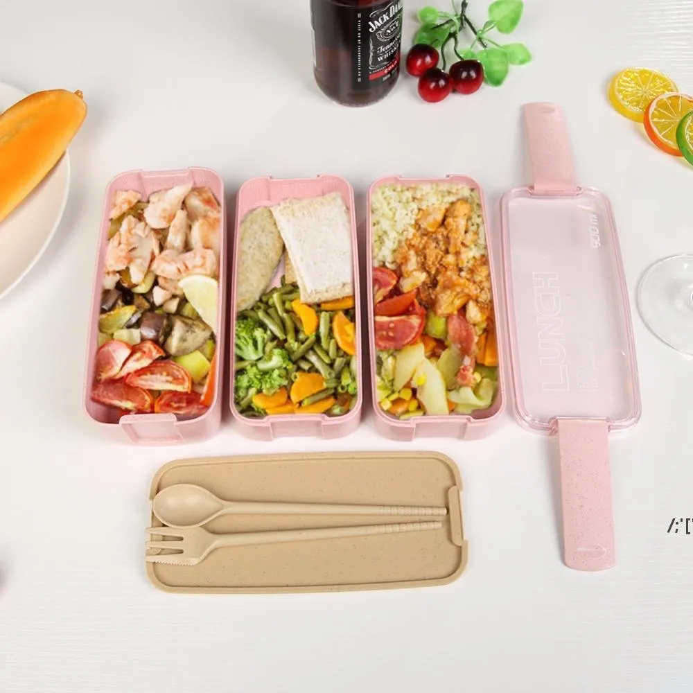 900ml 3 Layers Bento Box Eco-Friendly Lunch Boxes Food Container Wheat Straw Material Microwavable Dinnerware Lunchbox JJF14100