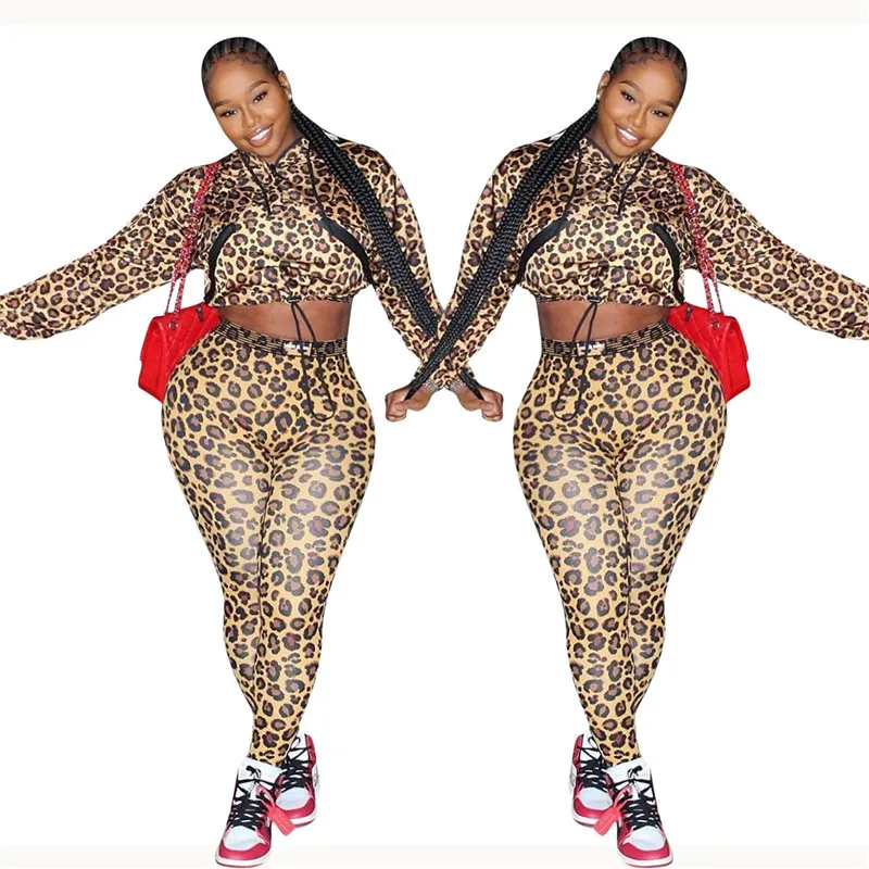 Plus Size Women Clothing Fashion Leopard Long Sleeve Crop Top Skinny Sets Women Designer Clothes 2020 Women Tracksuits