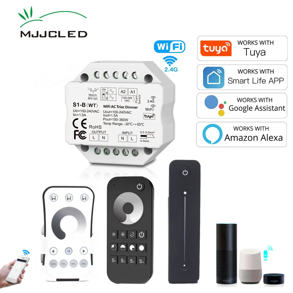 WiFi 2.4G RF AC Triac LED Dimmer 220V 230V Arbeta med Tuya Smart Life App Amazon Alexa Echo Google Hemassistent Voice Control