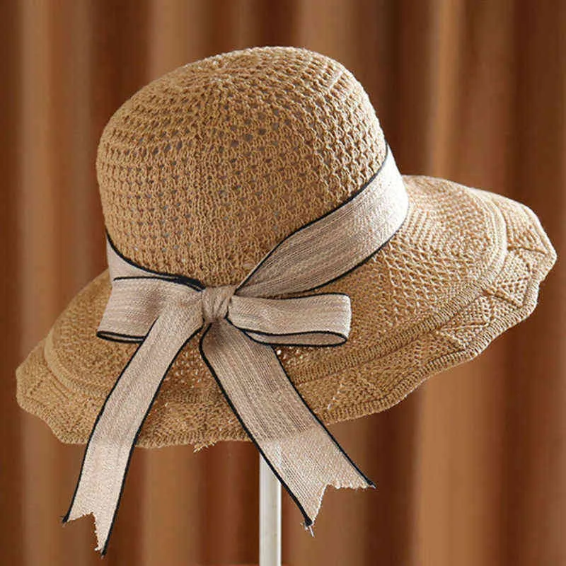 2021 Mode Zonhoeden Voor Vrouwen Meisjes Brede Bravel Disky Stro Hat Zomer Bohemen Beach Cap Lint Chapeau Femme Nieuwe G220301