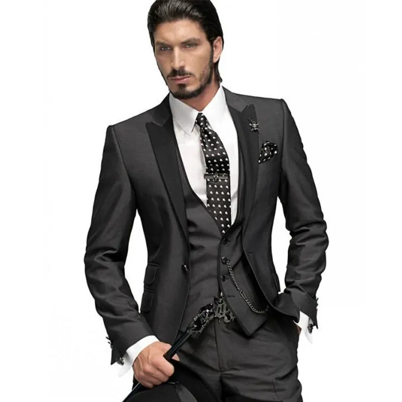 Groom Tuxedos Slim Fit One Button Charcoal Szary Szczyt Czarny Lapel Groomsmen Mężczyźni Garnitury Ślubne (Kurtka Pants Kamizelka Kamizelka)