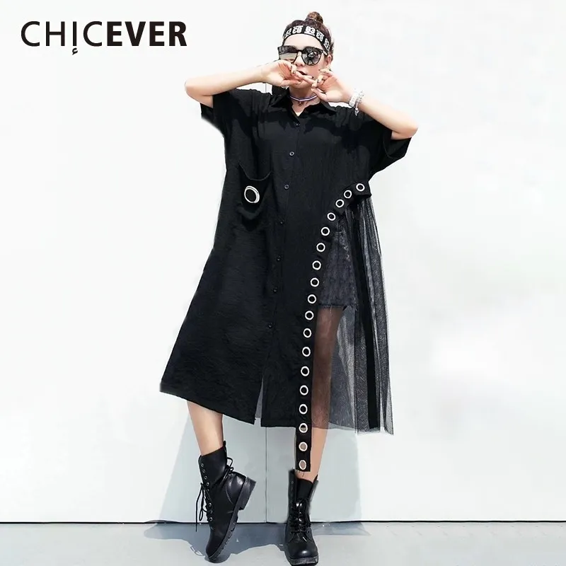 Chicever 여름 캐주얼 패치 워크 링 스팽글 흑인 여성 오픈 스티치 옷깃 짧은 소매 포켓 슬림 긴 여성 코트 201030