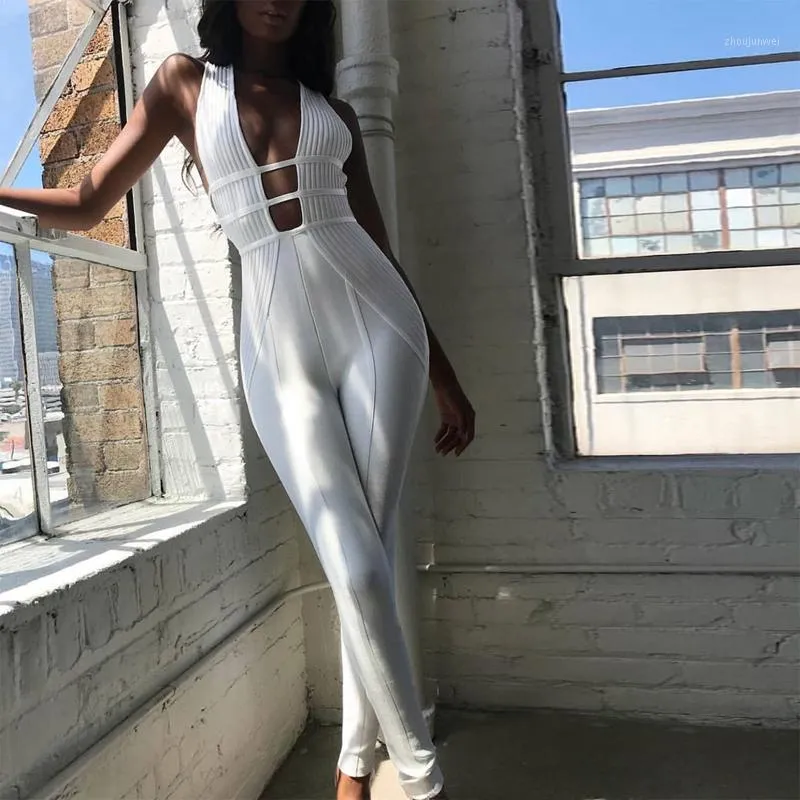 2021 Summer Womens White Bodycon Backless Jumpsuit With Hollow Out